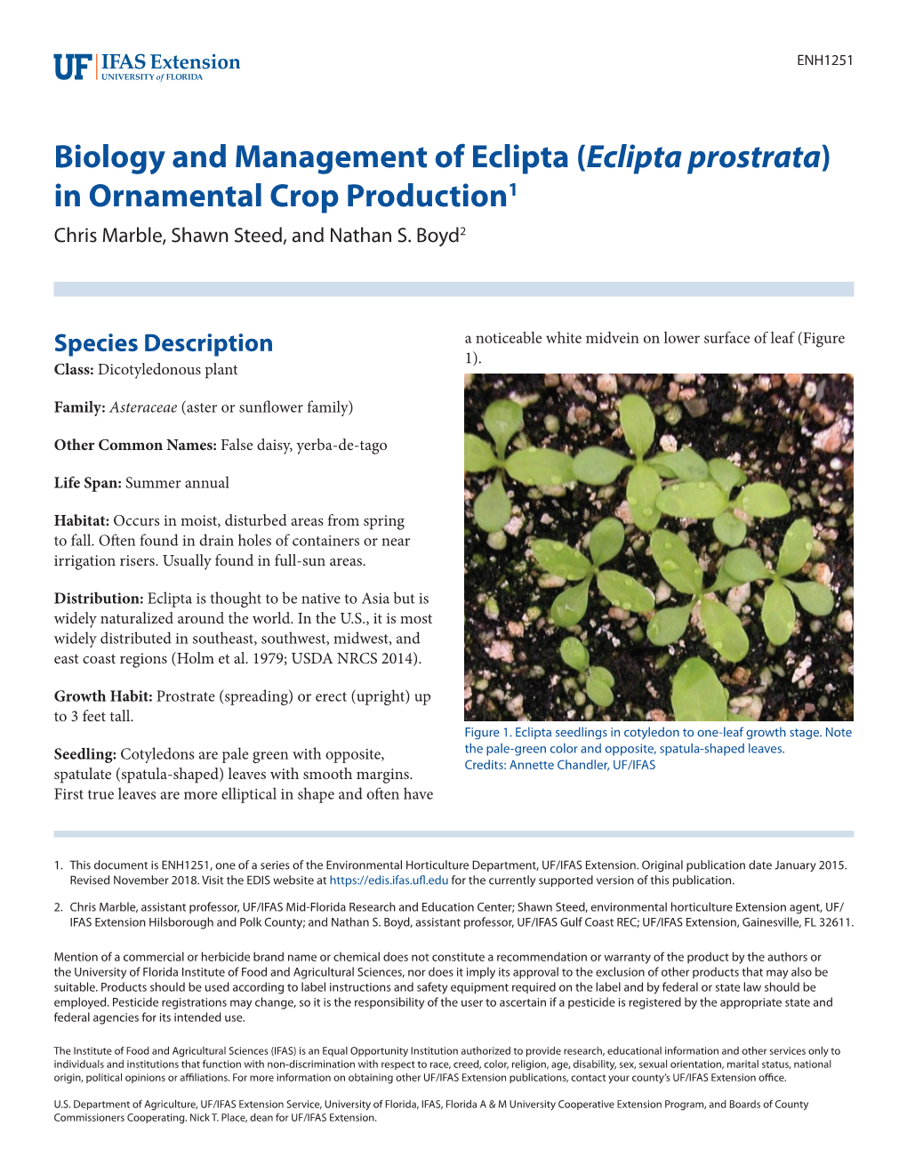 (Eclipta Prostrata) in Ornamental Crop Production1 Chris Marble, Shawn Steed, and Nathan S