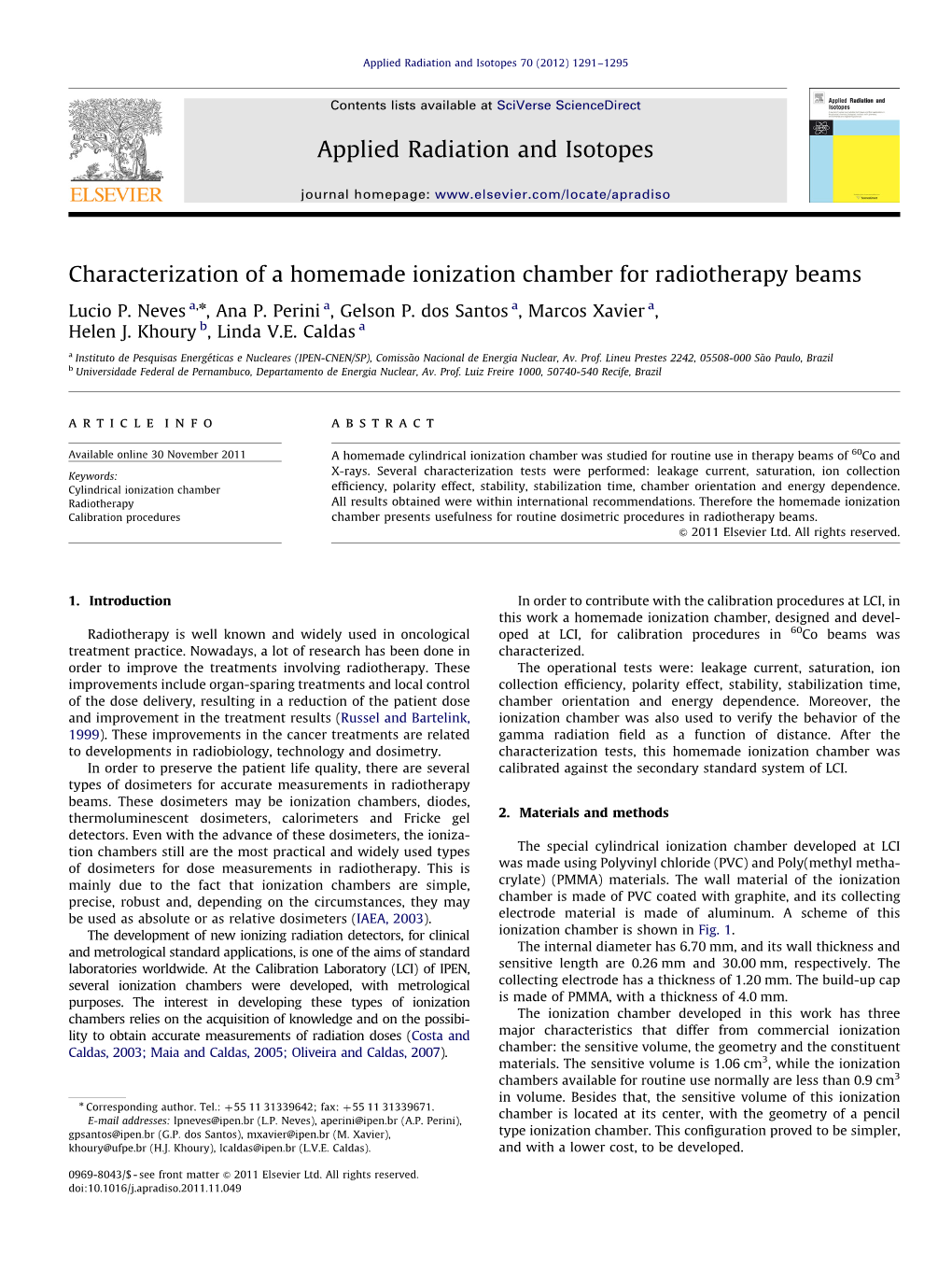 Characterization of a Homemade Ionization Chamber for Radiotherapy Beams