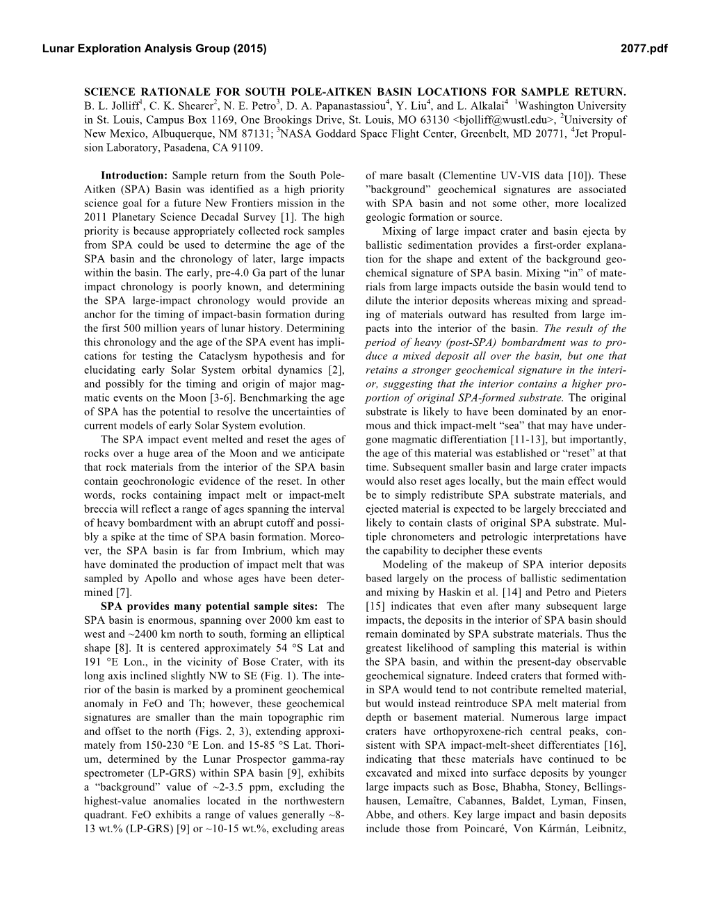 Science Rationale for South Pole-Aitken Basin Locations for Sample Return