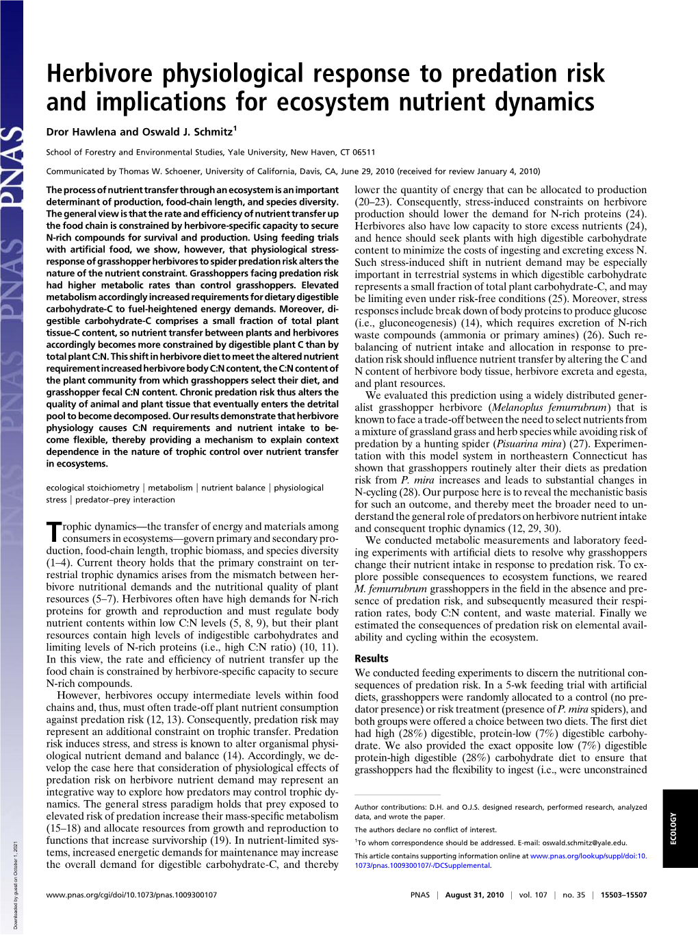 Herbivore Physiological Response to Predation Risk and Implications for Ecosystem Nutrient Dynamics