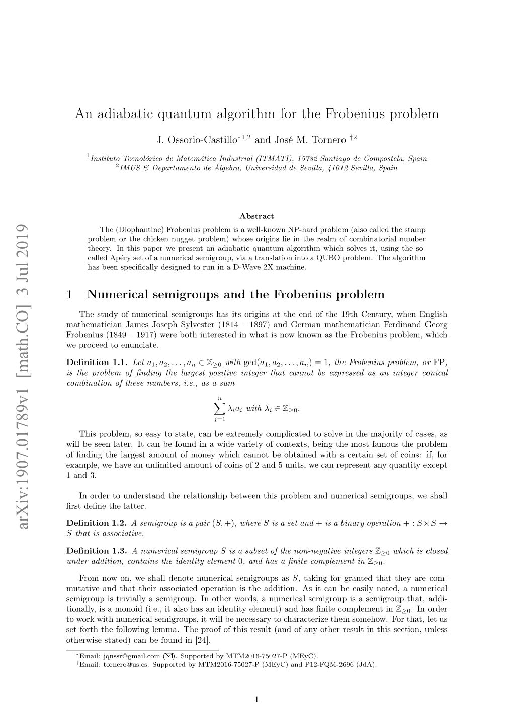 An Adiabatic Quantum Algorithm for the Frobenius Problem