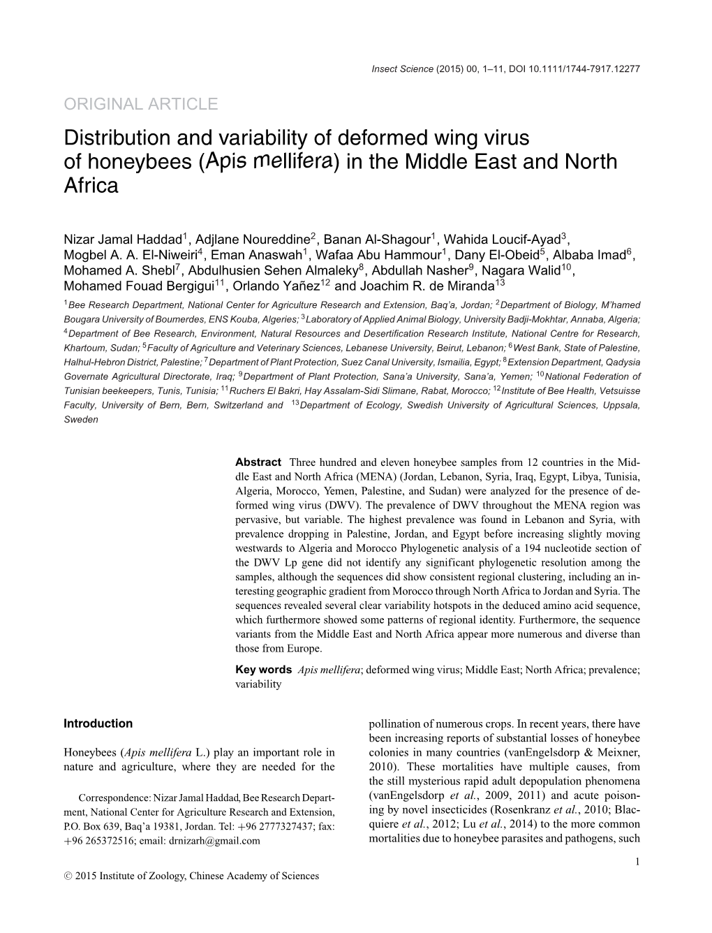 Distribution and Variability of Deformed Wing Virus of Honeybees (Apis Mellifera) in the Middle East and North Africa