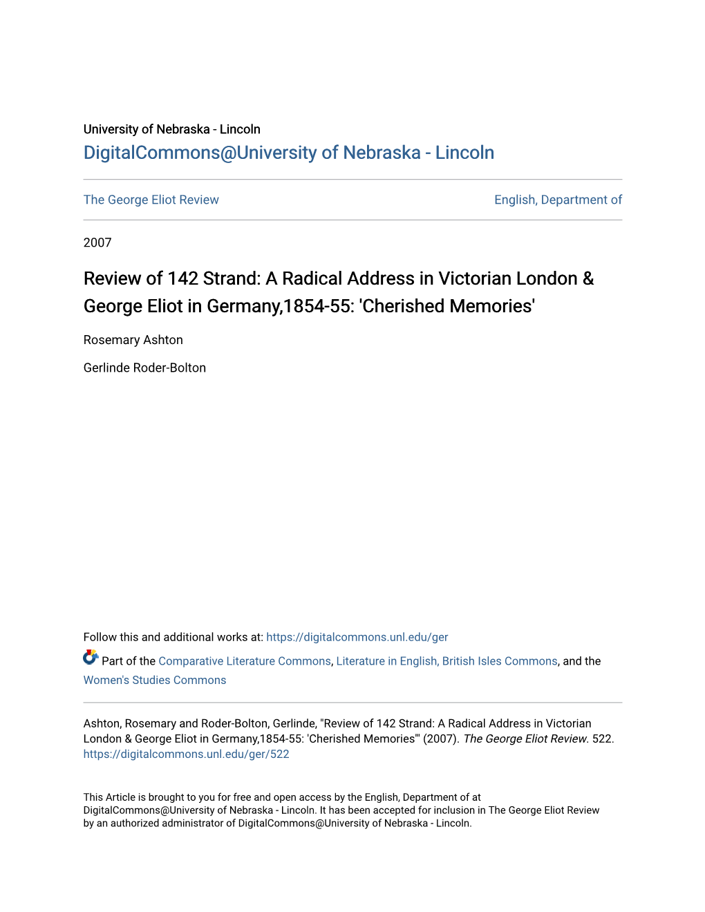 Review of 142 Strand: a Radical Address in Victorian London & George Eliot in Germany,1854-55: 'Cherished Memories'