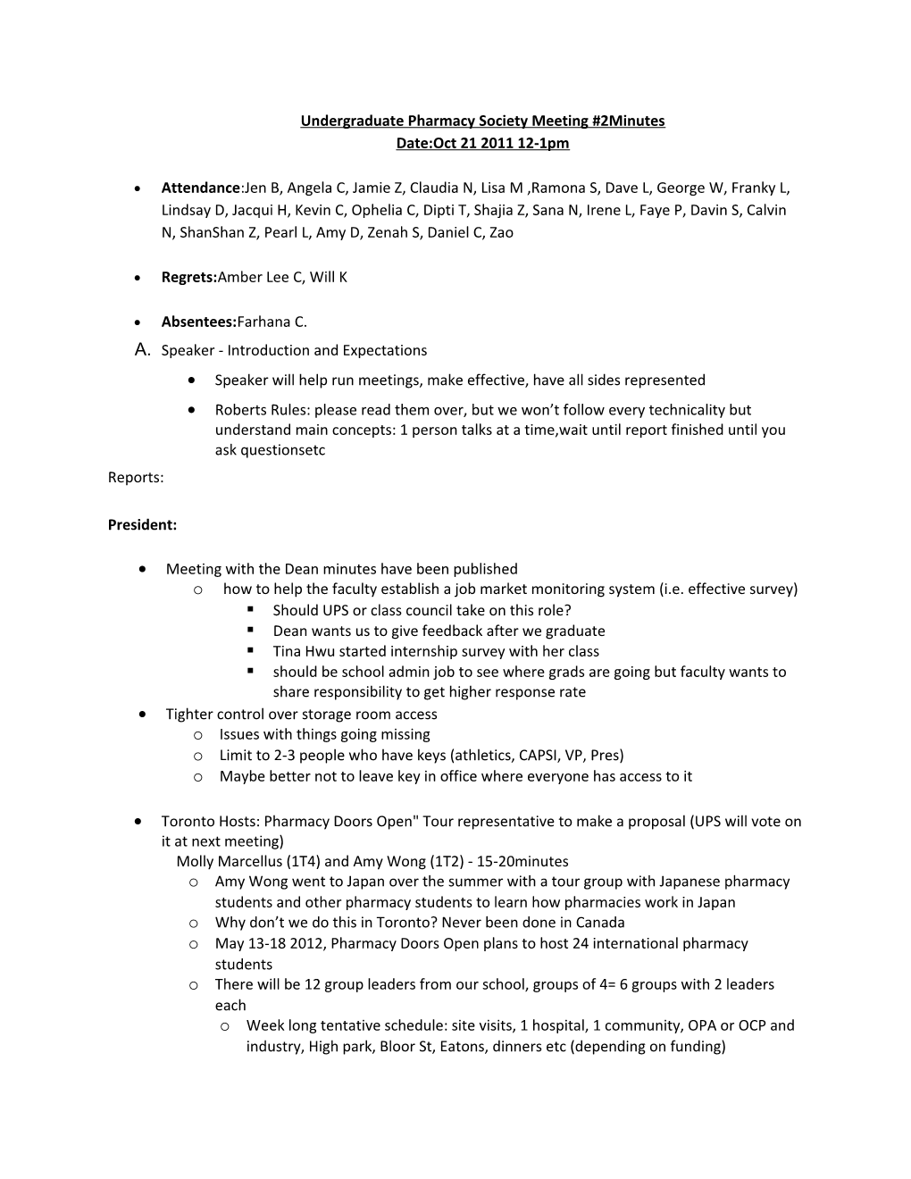 Undergraduate Pharmacy Society Meeting #2Minutes