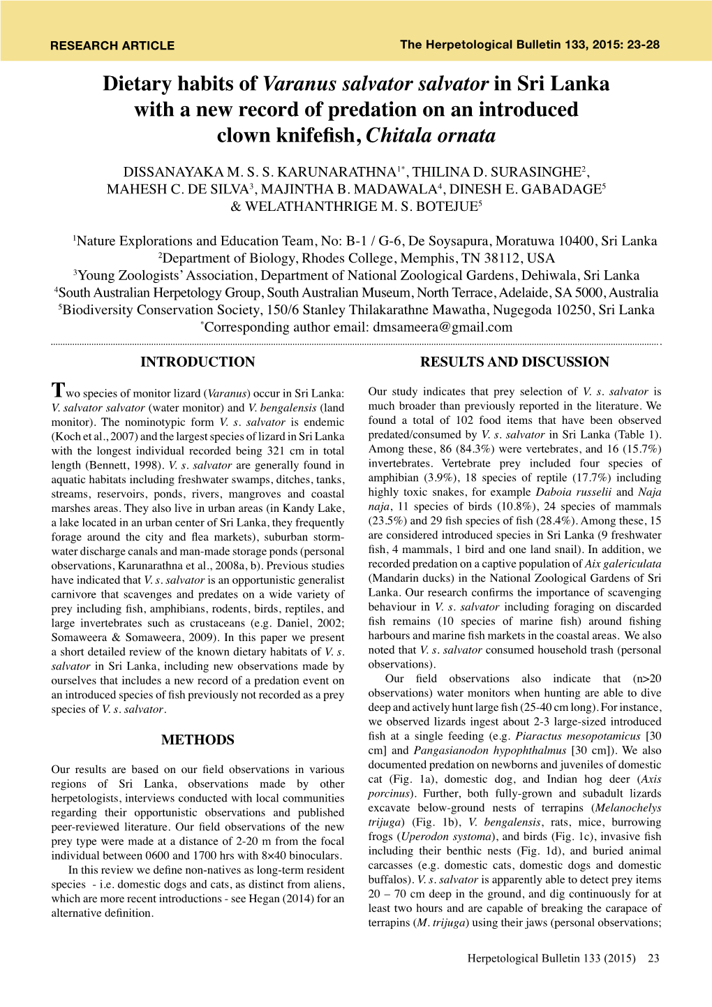 Dietary Habits of Varanus Salvator Salvator in Sri Lanka with a New Record of Predation on an Introduced Clown Knifefish,Chitala Ornata