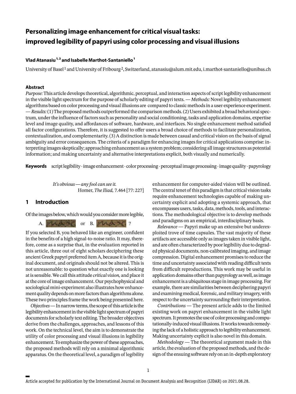 Legibility Enhancement of Papyri Using Color Processing and Visual