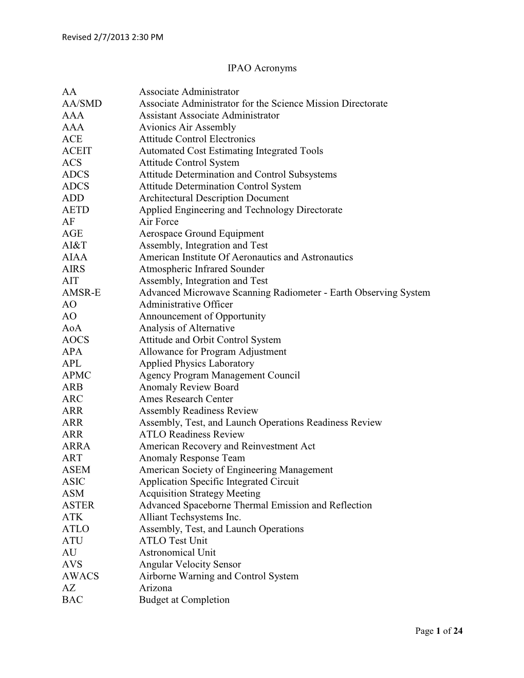 IPAO Acronyms AA Associate Administrator AA/SMD Associate Administrator for the Science Mission Directorate AAA Assistant Asso