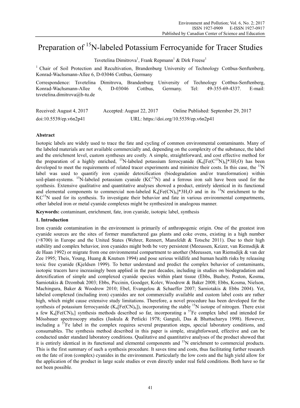 Preparation of 15N-Labeled Potassium Ferrocyanide for Tracer Studies