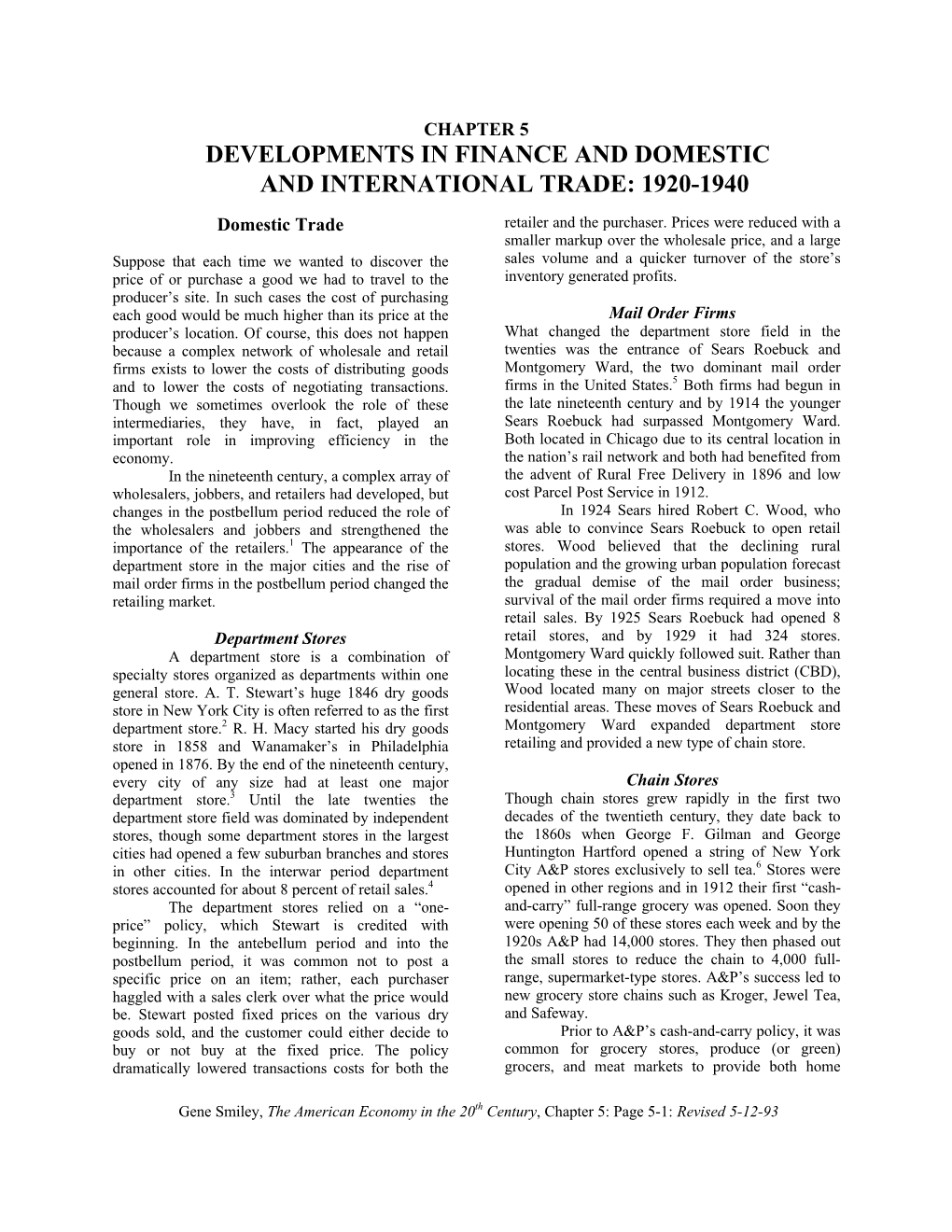 Developments in Finance and Domestic and International Trade: 1920-1940