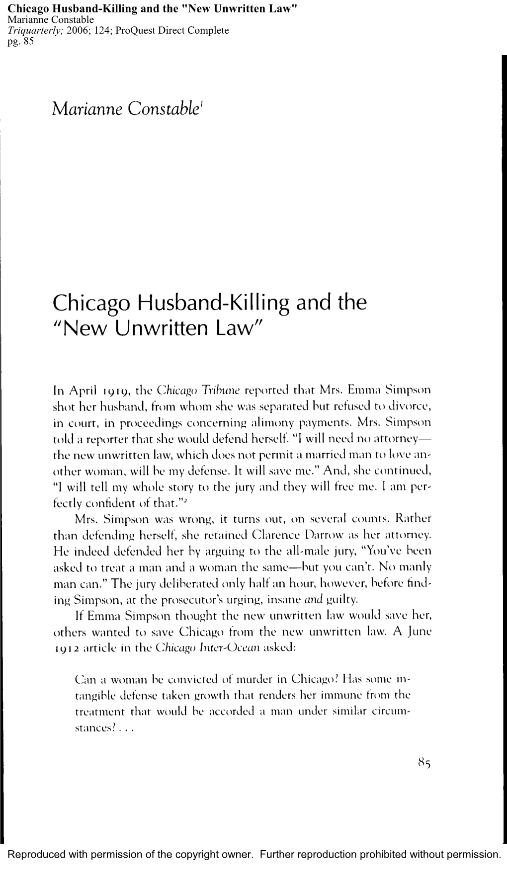 Chicago Husband-Killing and the "New Unwritten Law" Marianne Constable Triquarterly; 2006; 124; Proquest Direct Complete Pg