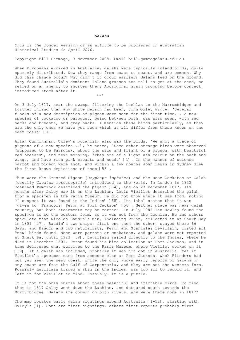 Galahs This Is the Longer Version of an Article to Be Published in Australian Historical Studies in April 2010. Copyright Bill