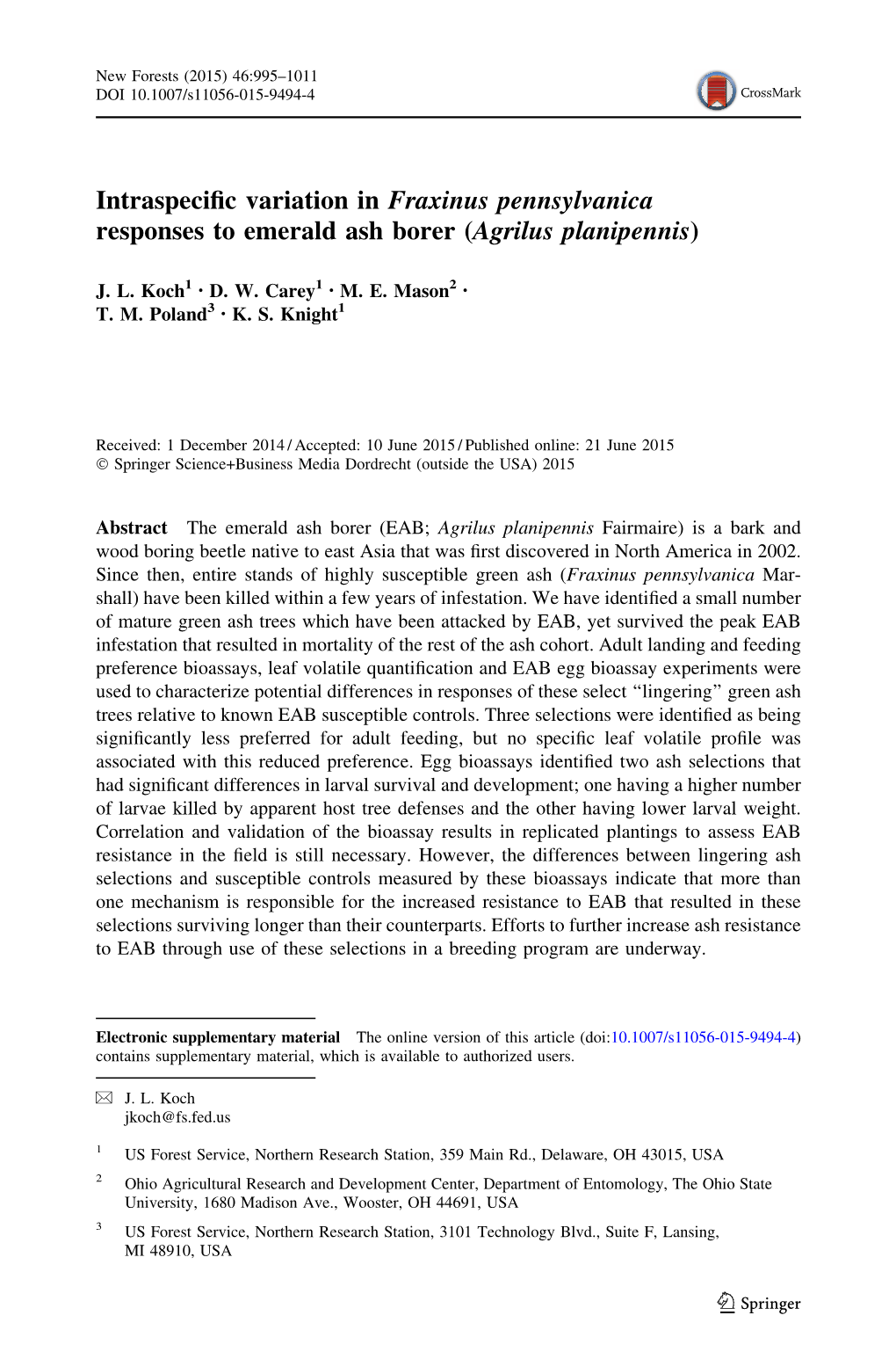 Intraspecific Variation in Fraxinus Pennsylvanica Responses To