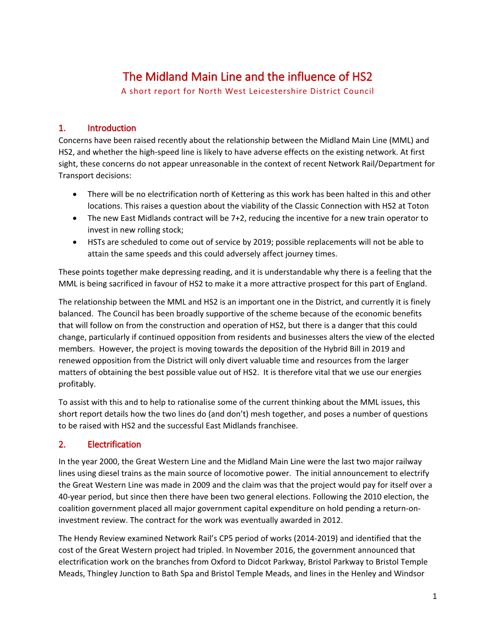 The Midland Main Line and the Influence of HS2 a Short Report for North West Leicestershire District Council