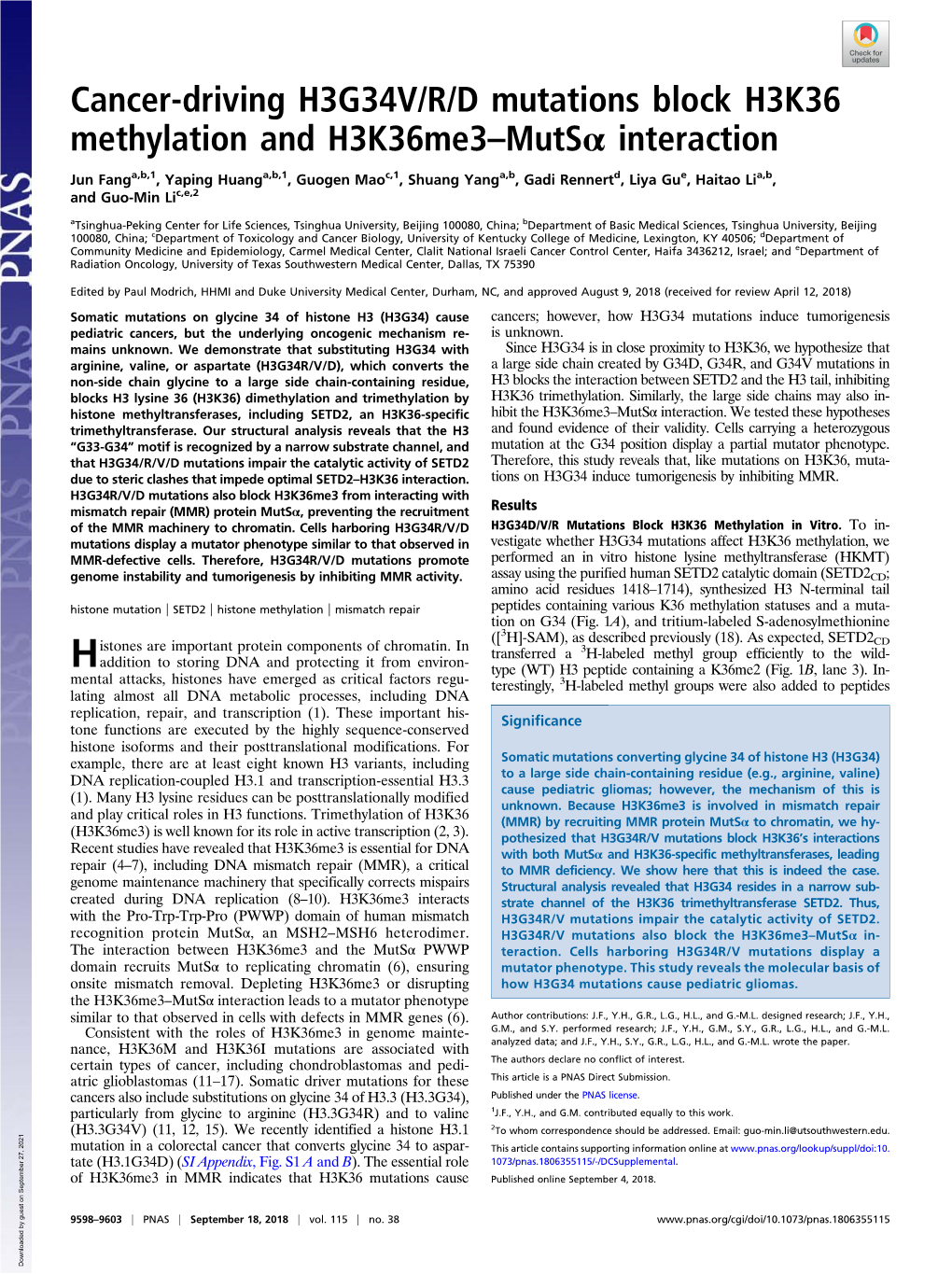 Cancer-Driving H3G34V/R/D Mutations Block H3K36 Methylation and H3k36me3–Mutsα Interaction