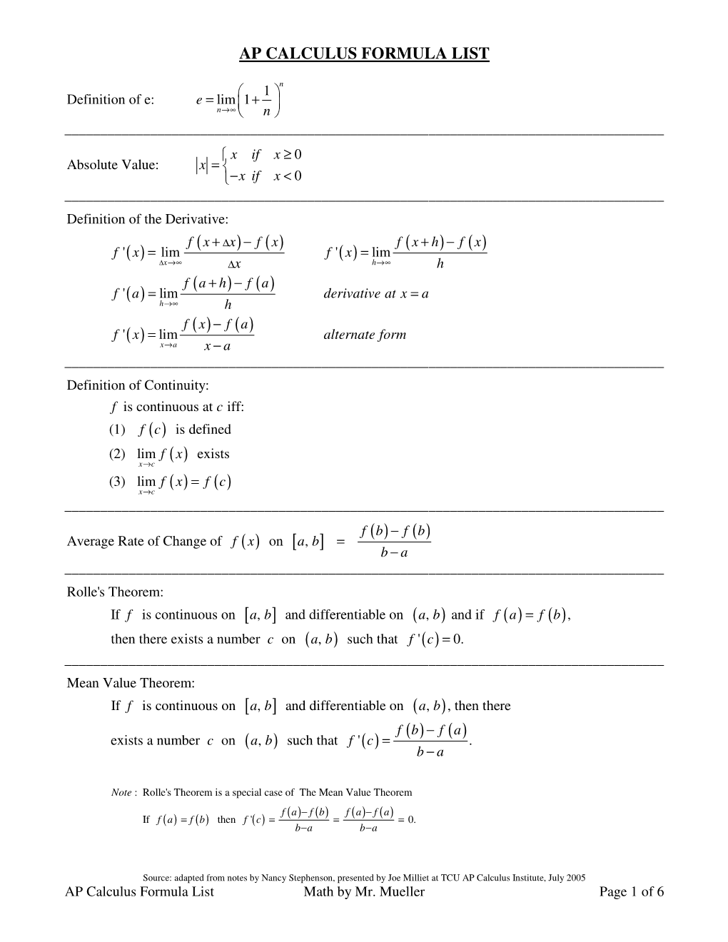 Ap Calculus Formula List