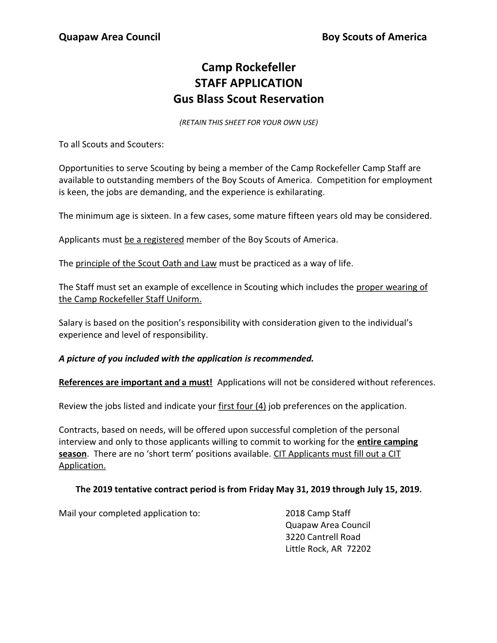 Camp Rockefeller STAFF APPLICATION Gus Blass Scout Reservation