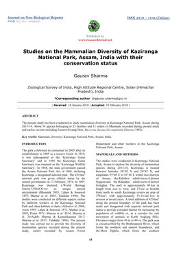 Studies on the Mammalian Diversity of Kaziranga National Park, Assam, India with Their Conservation Status