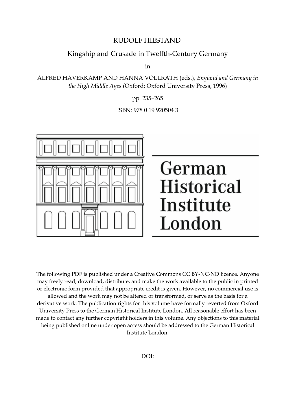 RUDOLF HIESTAND Kingship and Crusade in Twelfth-Century Germany