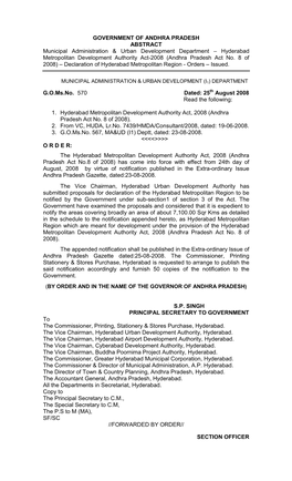 GOVERNMENT of ANDHRA PRADESH ABSTRACT Municipal Administration & Urban Development Department – Hyderabad Metropolitan