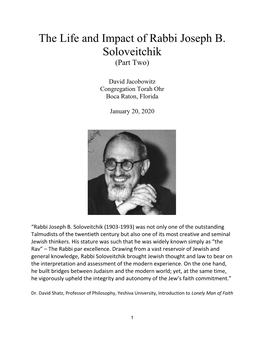 The Life and Impact of Rabbi Joseph B. Soloveitchik (Part Two)