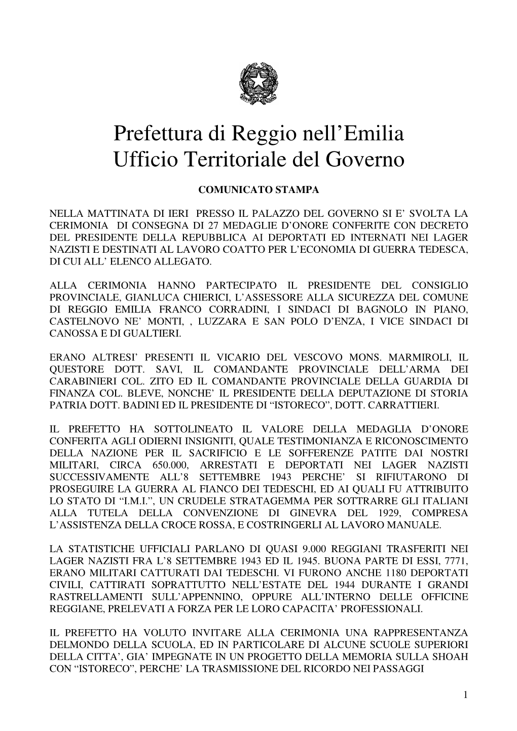 Prefettura Di Reggio Nell'emilia Ufficio Territoriale Del Governo