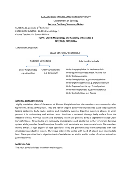 BABASAHEB BHIMRAO AMBEDKAR UNIVERSITY Department of Zoology Lecture Outline /Summary Notes CLASS: M.Sc