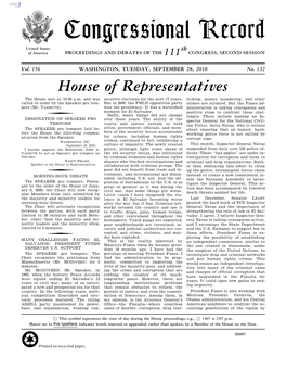 Congressional Record United States Th of America PROCEEDINGS and DEBATES of the 111 CONGRESS, SECOND SESSION