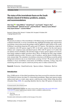 The Status of the Invertebrate Fauna on the South Atlantic Island of St Helena: Problems, Analysis, and Recommendations