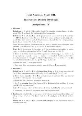 Real Analysis, Math 821. Instructor: Dmitry Ryabogin Assignment