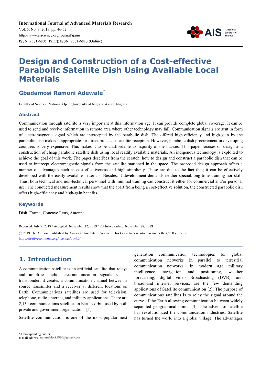 Design and Construction of a Cost-Effective Parabolic Satellite Dish Using Available Local Materials