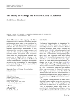 The Treaty of Waitangi and Research Ethics in Aotearoa
