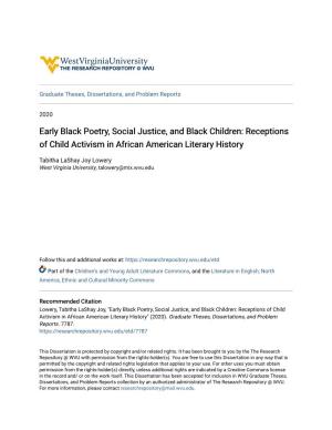 Early Black Poetry, Social Justice, and Black Children: Receptions of Child Activism in African American Literary History