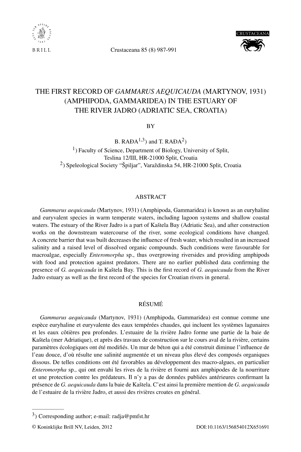 The First Record of Gammarus Aequicauda (Martynov, 1931) (Amphipoda, Gammaridea) in the Estuary of the River Jadro (Adriatic Sea, Croatia)