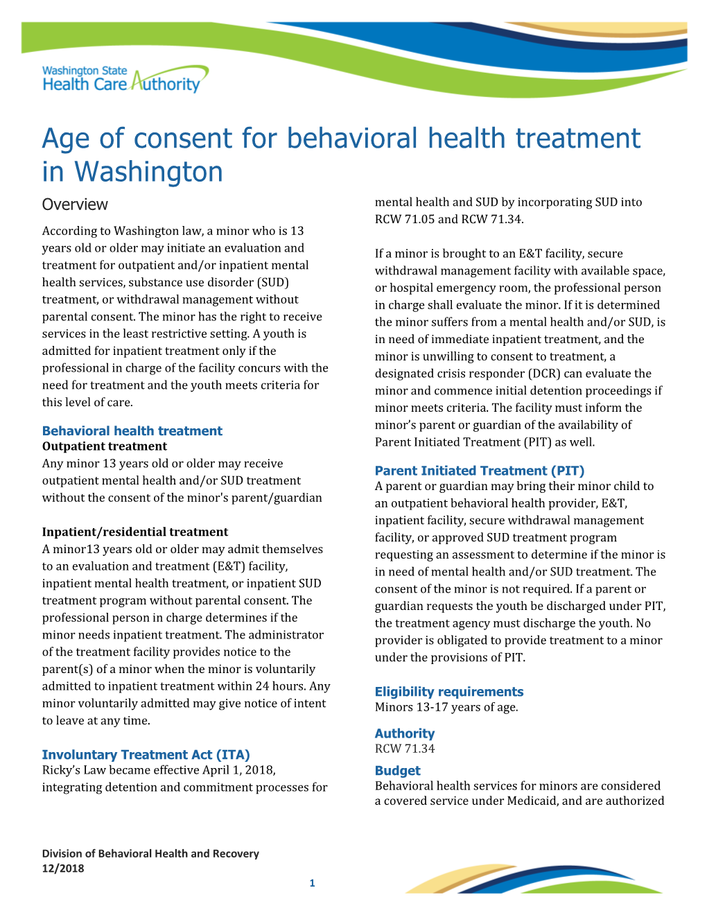 Age of Consent for Behavioral Health Treatment Fact Sheet