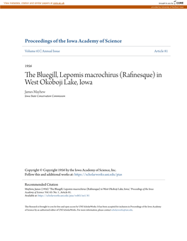 The Bluegill, Lepomis Macrochirus (Rafinesque) in West Okoboji Lake, Iowa