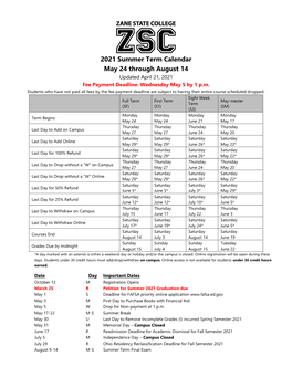 2021 Summer Term Calendar May 24 Through August 14 Updated April 21, 2021 Fee Payment Deadline: Wednesday May 5 by 1 P.M