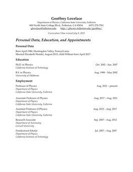 Geoffrey Lovelace Personal Data, Education, and Appointments