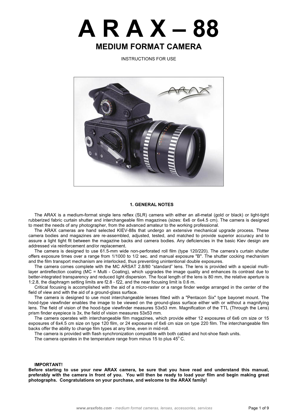 ARAX-88 Camera Manual