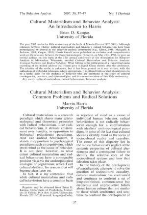 Cultural Materialism and Behavior Analysis: an Introduction to Harris Brian D