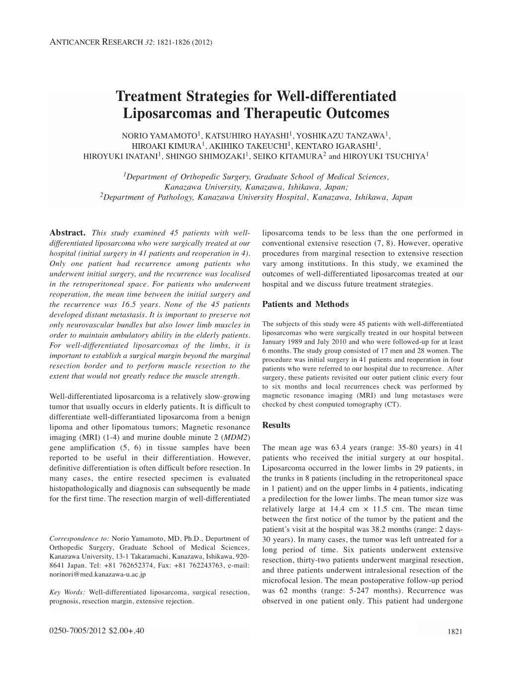 Treatment Strategies for Well-Differentiated Liposarcomas and Therapeutic Outcomes