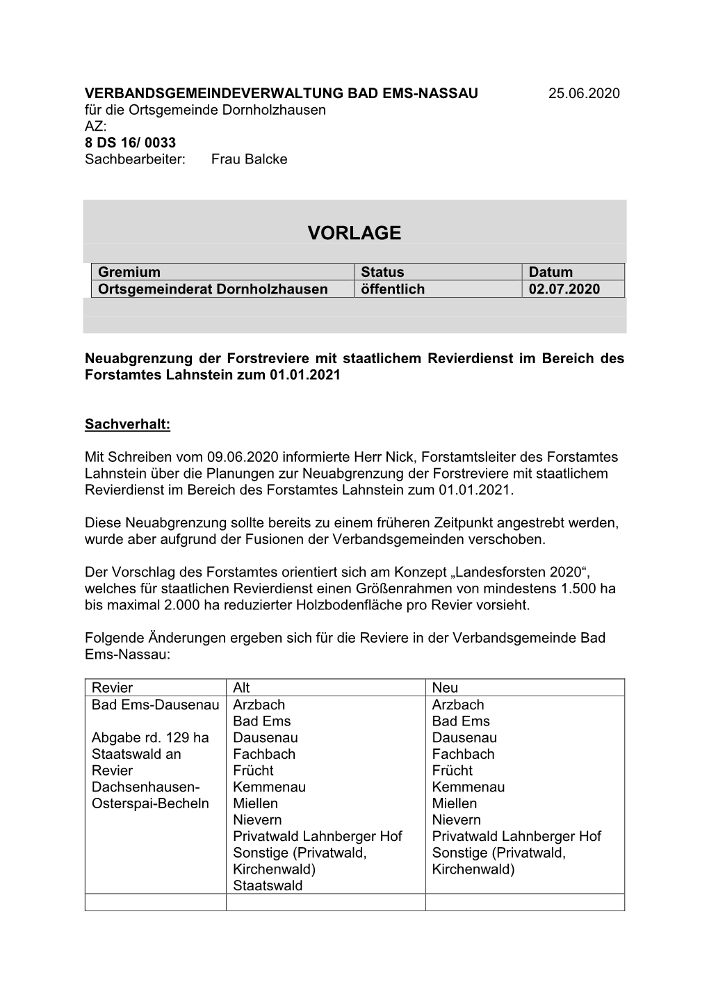 VERBANDSGEMEINDEVERWALTUNG BAD EMS-NASSAU 25.06.2020 Für Die Ortsgemeinde Dornholzhausen AZ: 8 DS 16/ 0033 Sachbearbeiter: Frau Balcke