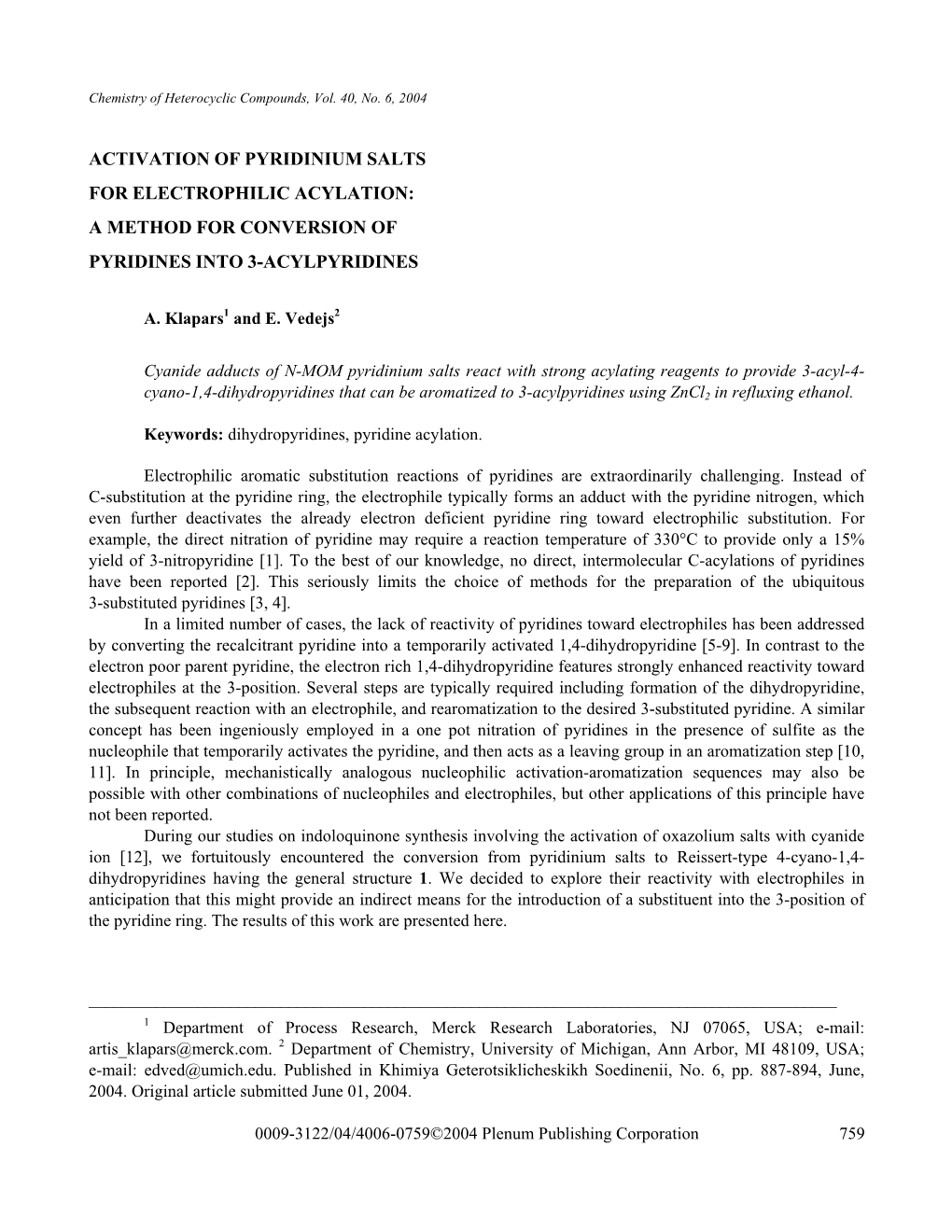 Activation of Pyridinium Salts for Electrophilic Acylation: a Method for Conversion of Pyridines Into 3-Acylpyridines