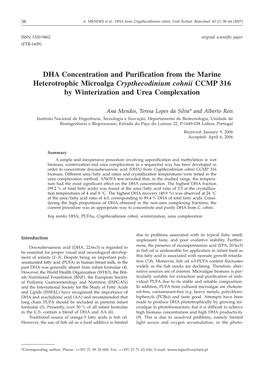 DHA Concentration and Purification from the Marine Heterotrophic Microalga Crypthecodinium Cohnii CCMP 316 by Winterization and Urea Complexation
