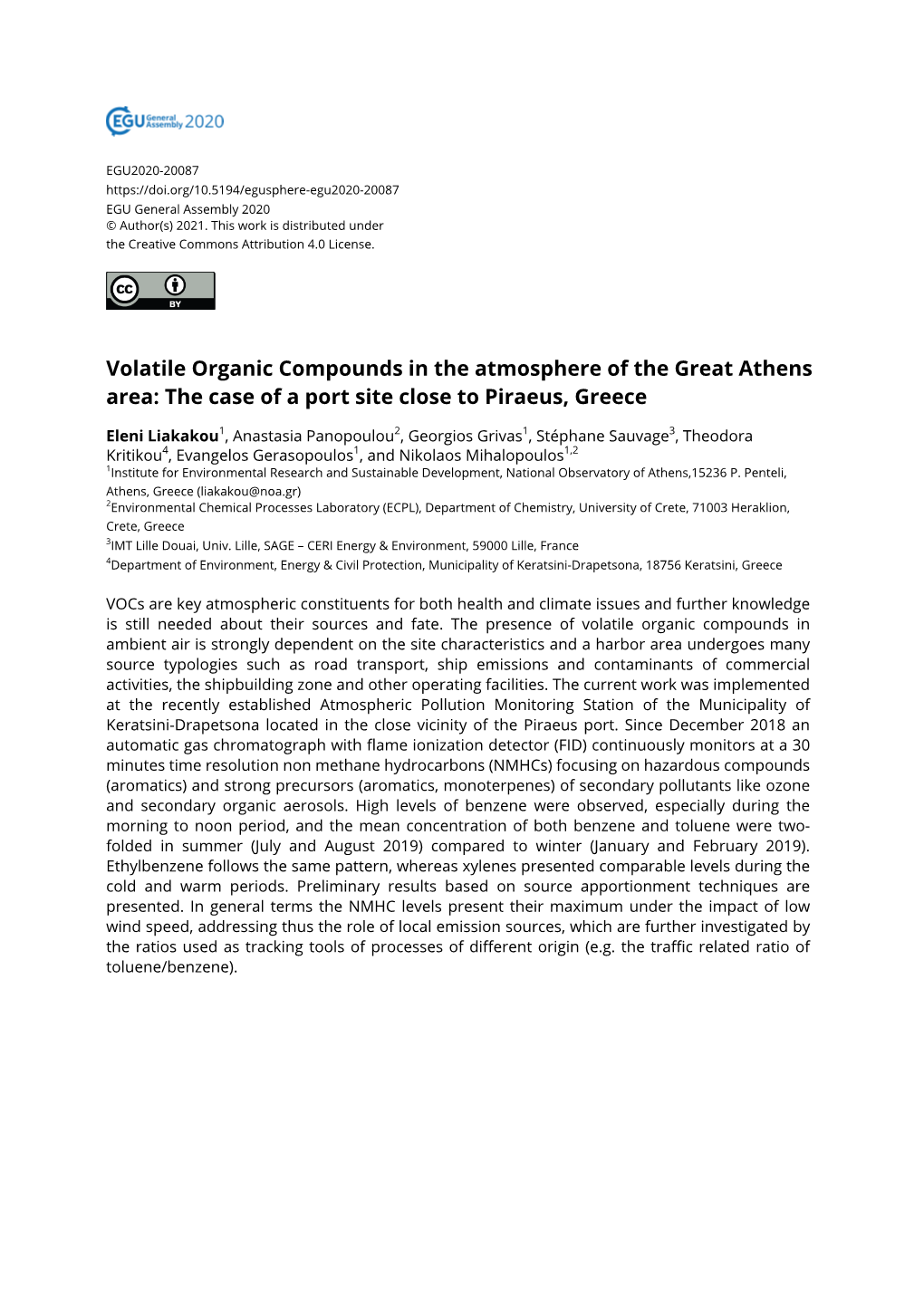 Volatile Organic Compounds in the Atmosphere of the Great Athens Area: the Case of a Port Site Close to Piraeus, Greece