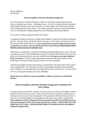 Honors English 12 Summer Reading Assignment: Guidelines for Note-Taking