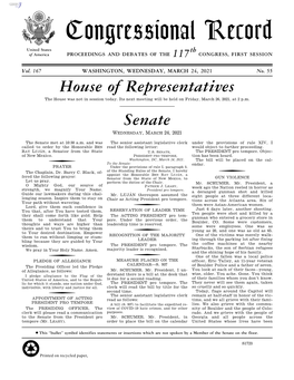 Congressional Record United States Th of America PROCEEDINGS and DEBATES of the 117 CONGRESS, FIRST SESSION