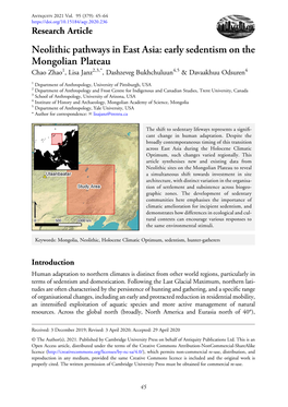 Neolithic Pathways in East Asia: Early Sedentism on the Mongolian Plateau Chao Zhao1, Lisa Janz2,3,*, Dashzeveg Bukhchuluun4,5 & Davaakhuu Odsuren4
