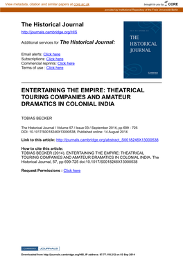 Theatrical Touring Companies and Amateur Dramatics in Colonial India