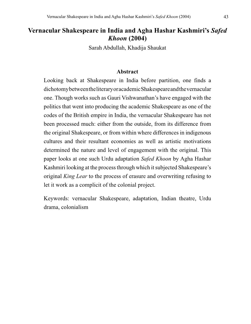 Vernacular Shakespeare in India and Agha Hashar Kashmiri's Safed Khoon