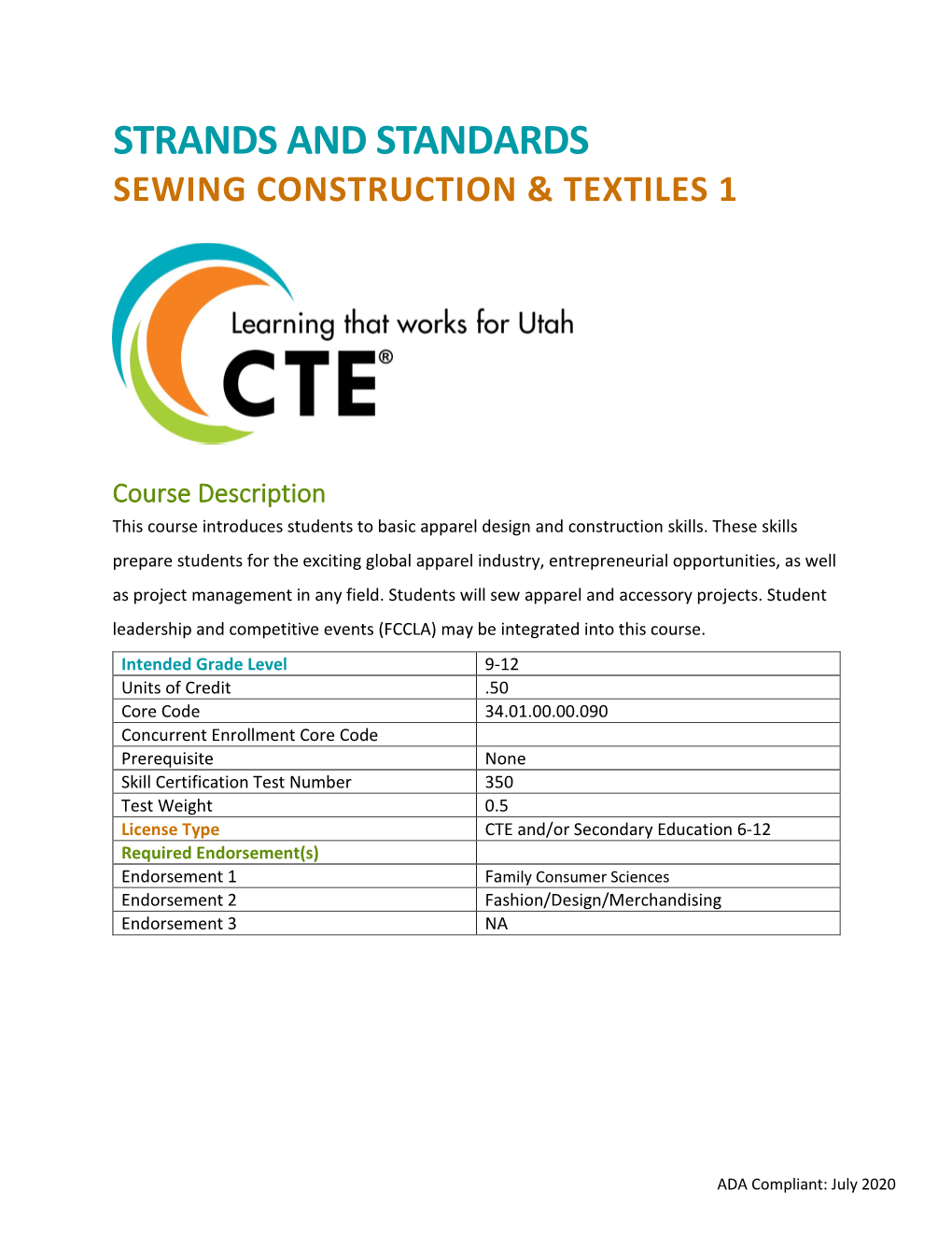 Sewing Construction and Textiles 1 Strands and Standards
